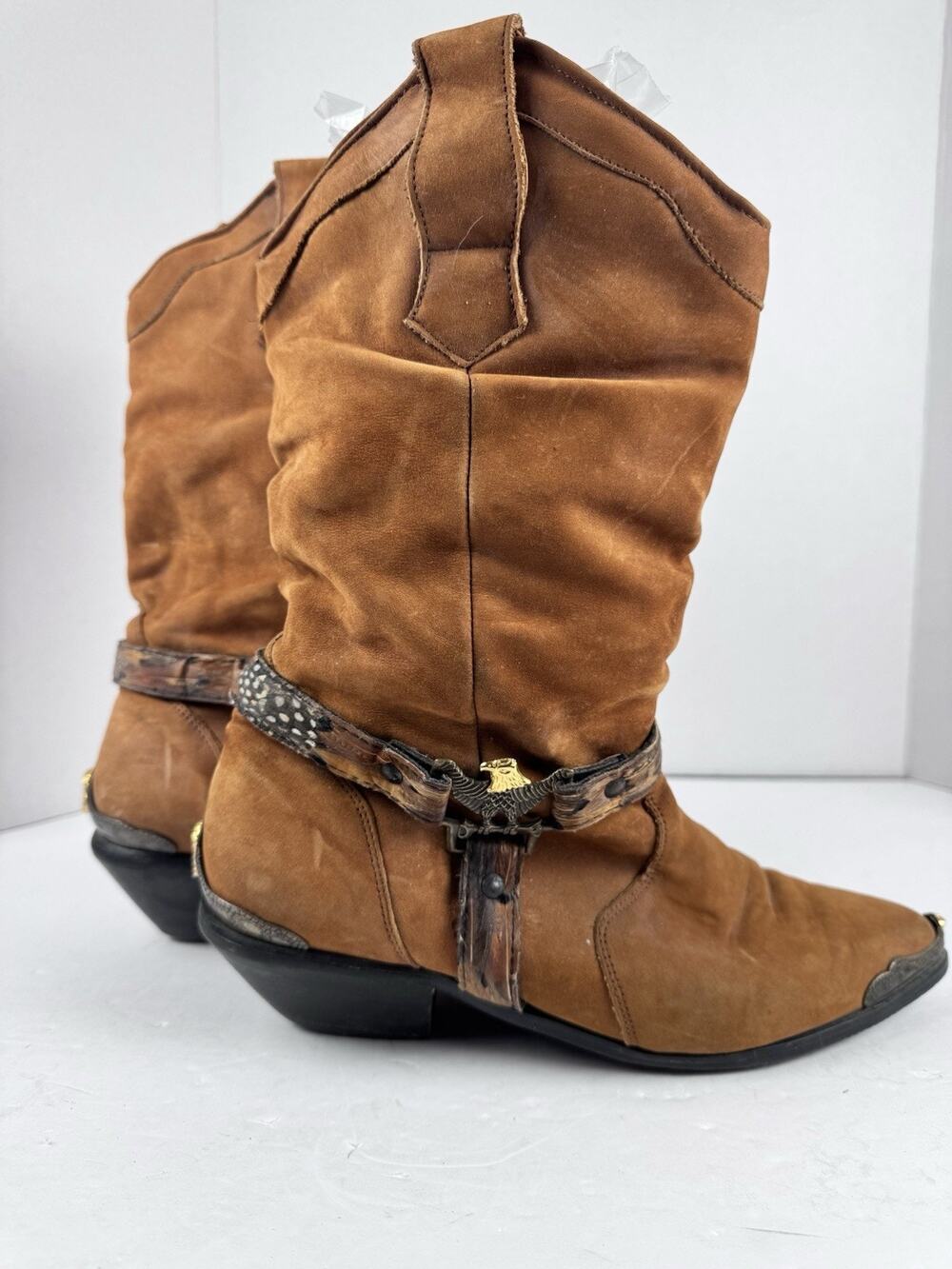 Maine Woods Brown Leather Eagle Harness Boots Feather Band 9.5 Womens Read